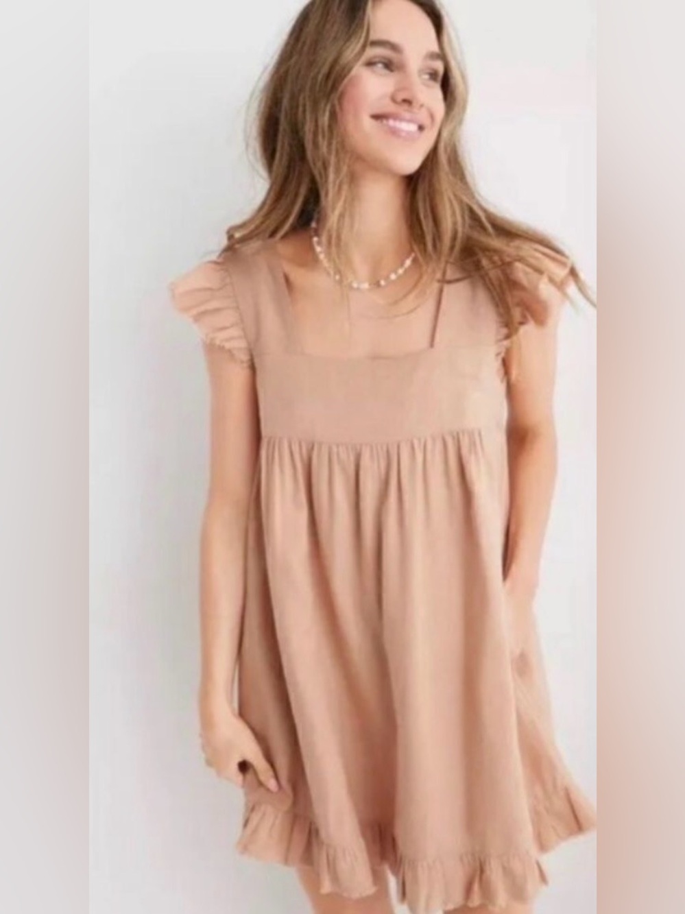 AERIE Blush Linen Ruffle Cap Sleeve Mini Dress Womens SMALL EUC